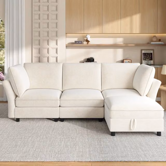 Divano angolare modulabile 225x137x84 cm in chenille beige con contenitore –