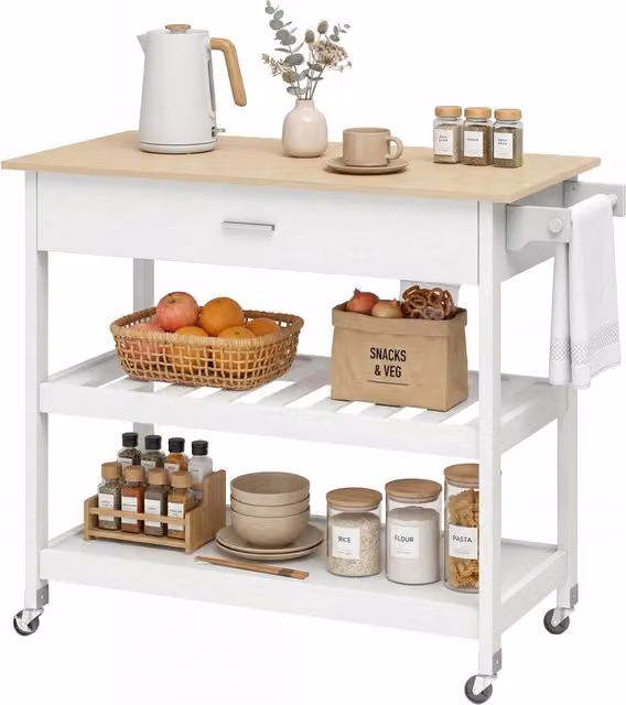 Carrello da cucina Minimal bianco con ripiani in MDF e metallo e ruote