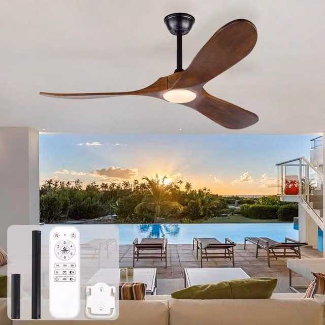Ventilatore da soffitto Minimal con luce LED e tre ali in legno massello, motore DC silenzioso, 6 velocità reversibili e telecomando, disponibile in nero o marrone