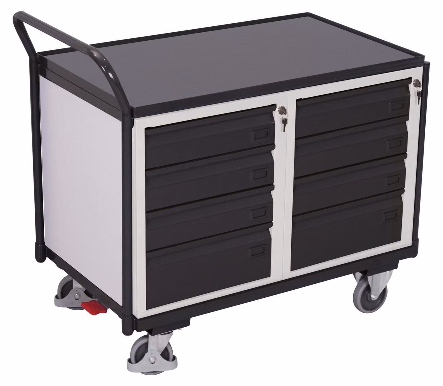 Carrello da officina VARIOfit con maniglia scorrevole ergonomica, 8 cassetti e 1 piano di carico di 985x590 mm, colore grigio antracite RAL 7016