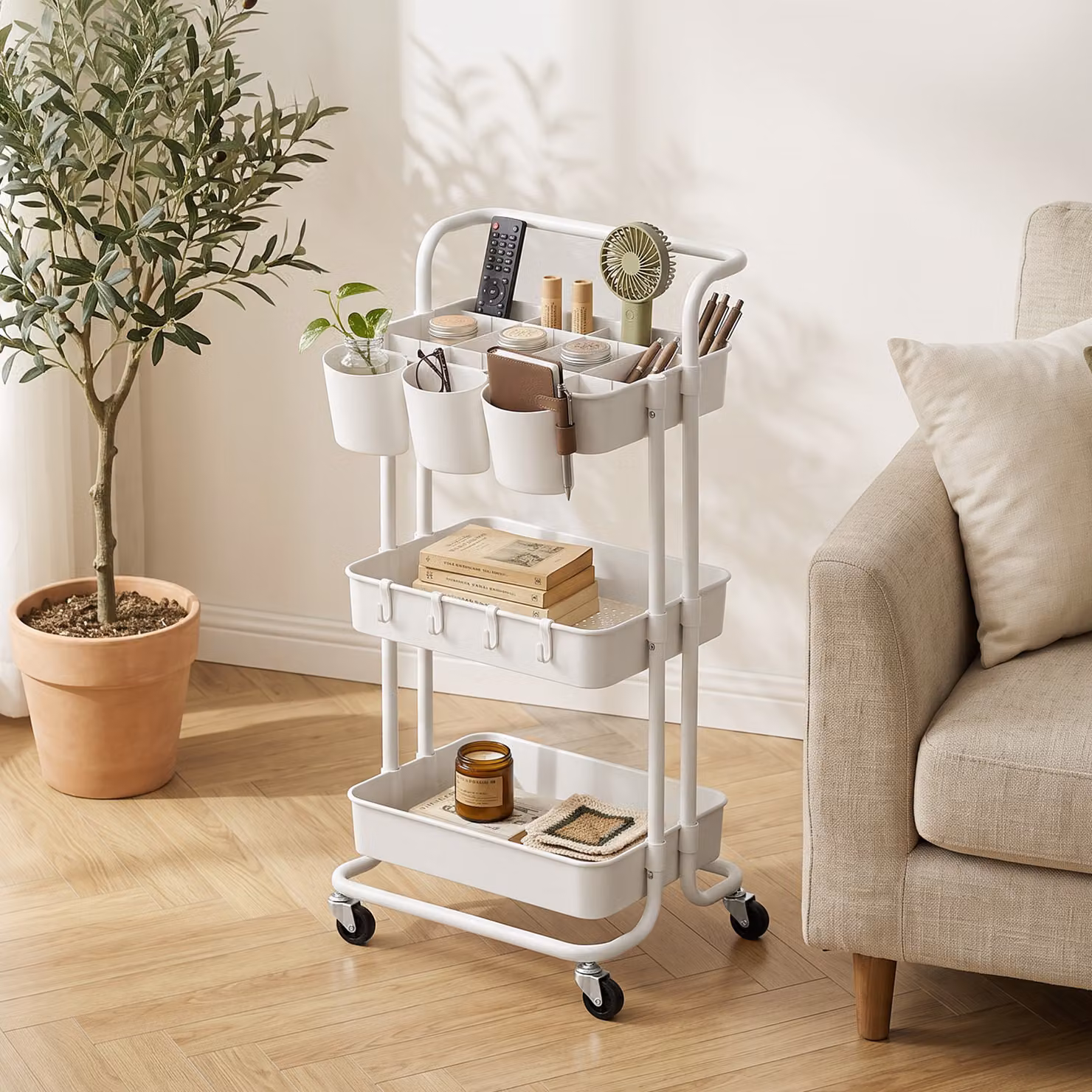 Carrello Cucina Multiuso HOMCOM a 3 Livelli con Cestini, Ganci Rimovibili e Ripiano con 12 Divisori, Bianco – 2