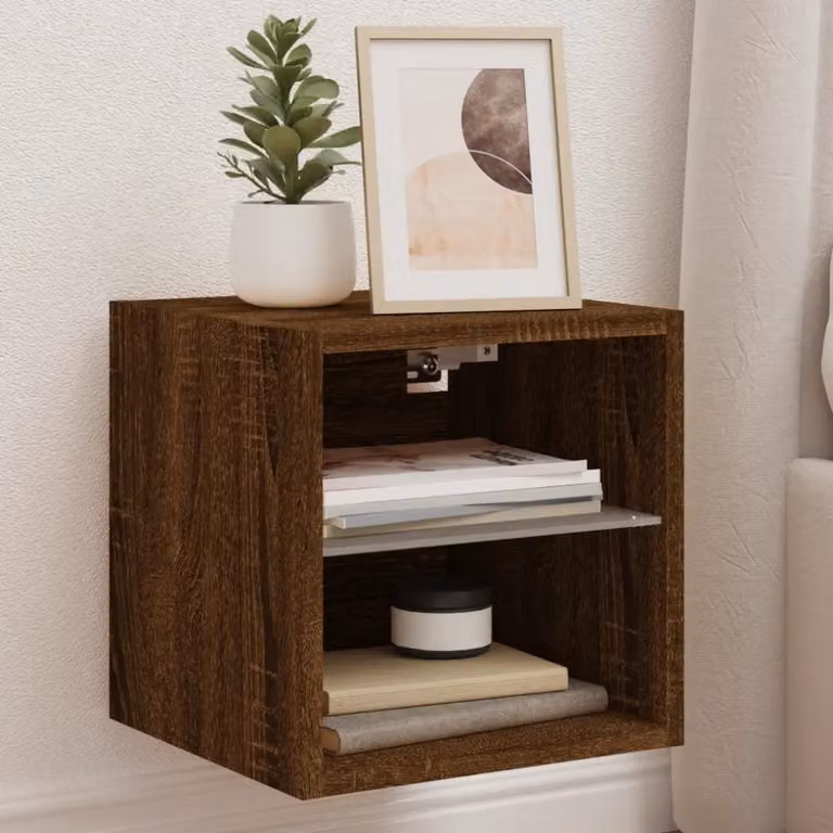 Set di 2 mobili TV da parete vidaXL con luci LED integrate, finitura rovere marrone opaco, L 30 cm x P 28,5 cm x H 30 cm