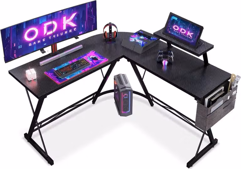 Tavolo da gioco ODK a L 127x127 cm con supporto per monitor nero
