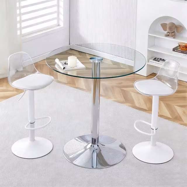 Set tavolo e sedie da bar con 2 sgabelli girevoli regolabili in vetro, metallo e plastica argento trasparente bianco