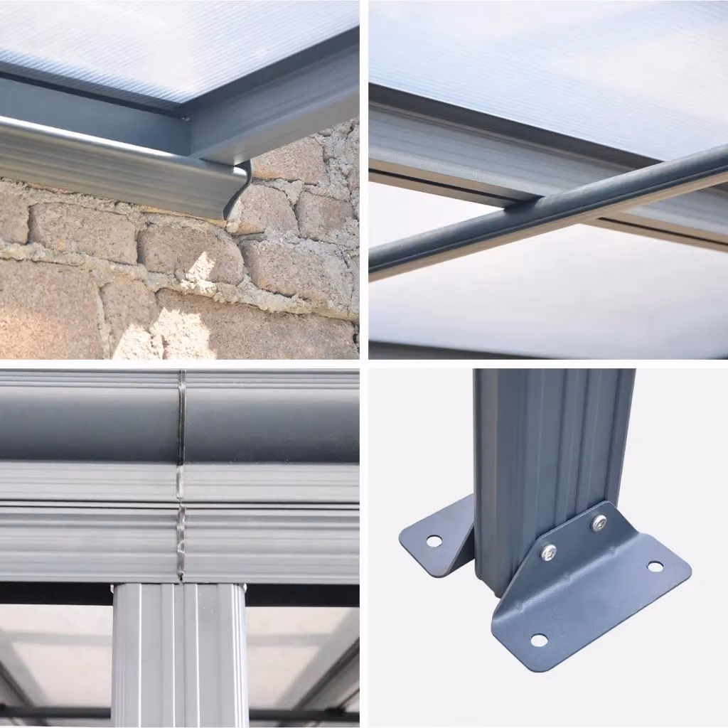 Pergola a parete Sweeek in alluminio con tetto in policarbonato trasparente e grondaia, antracite, L: 4 m, P: 3 m, H: 2,58 m – 2