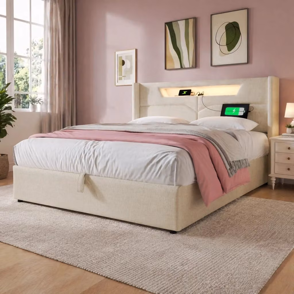 Letto contenitore Mivray con testiera imbottita in lino beige, illuminazione LED, porte USB e Type-C, L/P/H: 140 x 200 x 148 cm – 2