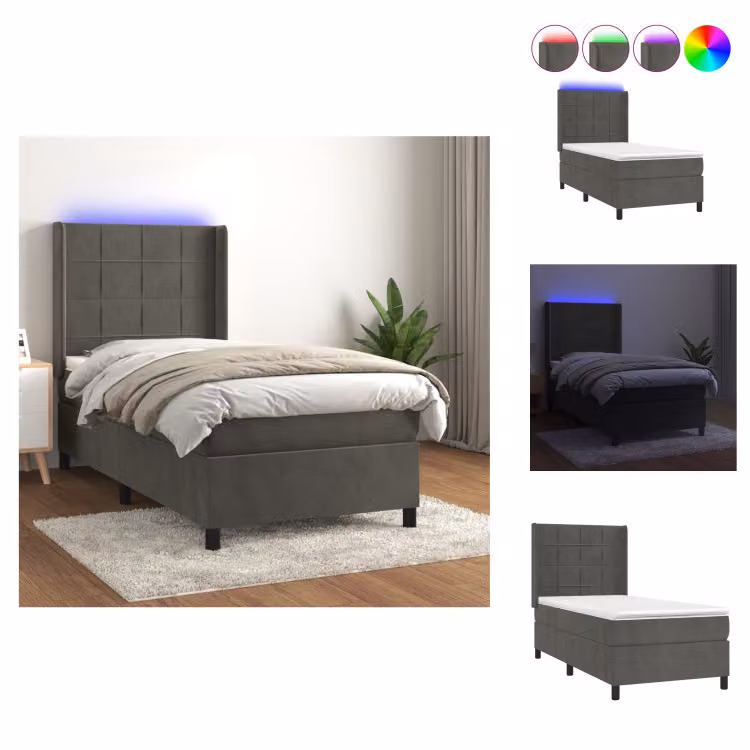 vidaXL Letto a molle con materasso e LED in velluto grigio scuro 80x200 cm - Letti & strutture letto