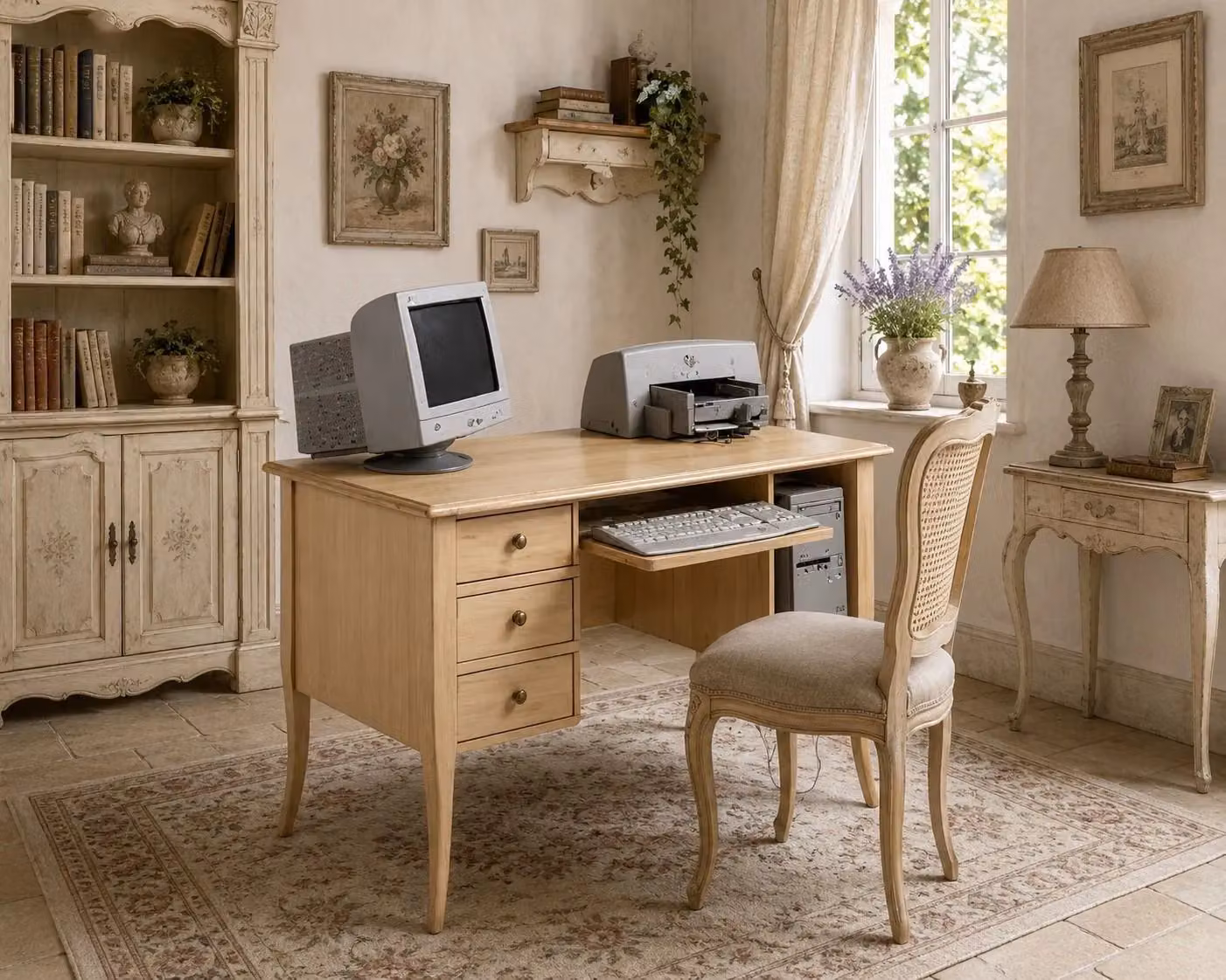 Scrivania in legno di pino Mobili 2G finitura avorio patinato L: 130 cm, P: 75 cm, H: 81 cm – 1
