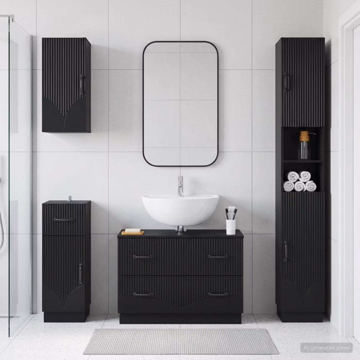 Set di mobili da bagno moderno vidaXL HOORN in 4 pezzi nero opaco con base lavabo e pensili in MDF