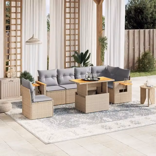 Set Divani da Giardino 7 pz con Cuscini Beige in Polyrattan 3273544