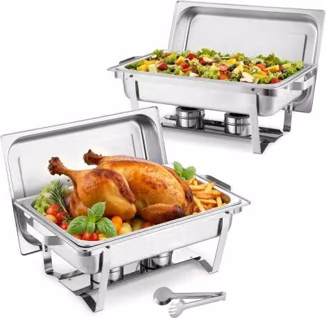 Set di 2 Scaldavivande a Buffet Rettangolari VEVOR in Acciaio Inox Color Argento con Capacità 9 L, Ideali per Catering e Banchetti, Completi di Coperchio, Manici Cavi, Porta Combustibile e Pinza per Alimenti