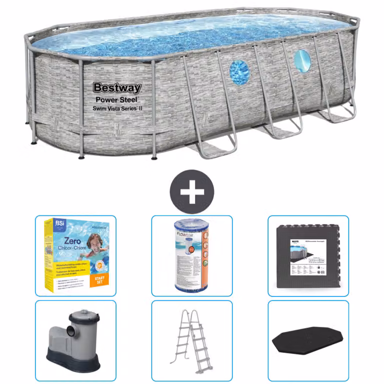 Piscina Bestway Oval Power Steel Swim Vista - stampa su pietra - 549 x 274 x 122 - inclusa pompa - scala - copertura pacchetto manutenzione - filtro - pavimento in piastrelle
