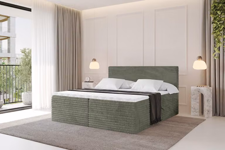 Letto boxspring ALTDECOR - TOLO-v1 120x200 in velluto a coste - Colore oliva - Set completo con materasso a molle insacchettate e topper, letto imbottito con materasso H4 e cassetti, rete a doghe, letto con contenitore, letto matrimoniale, letto a cassett