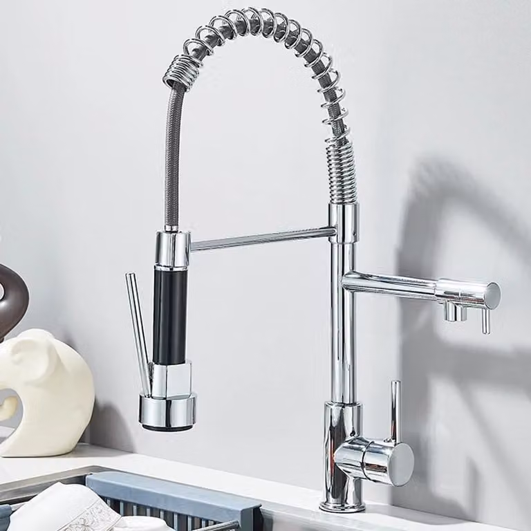 Rubinetto da cucina - Molla a spirale - Doppio beccuccio orientabile a 360° - Doccetta estraibile - Monocomando, 1 foro - Caldo/freddo - Ottone, cartuccia in Vetroceramica - Montaggio a vista - Cromo