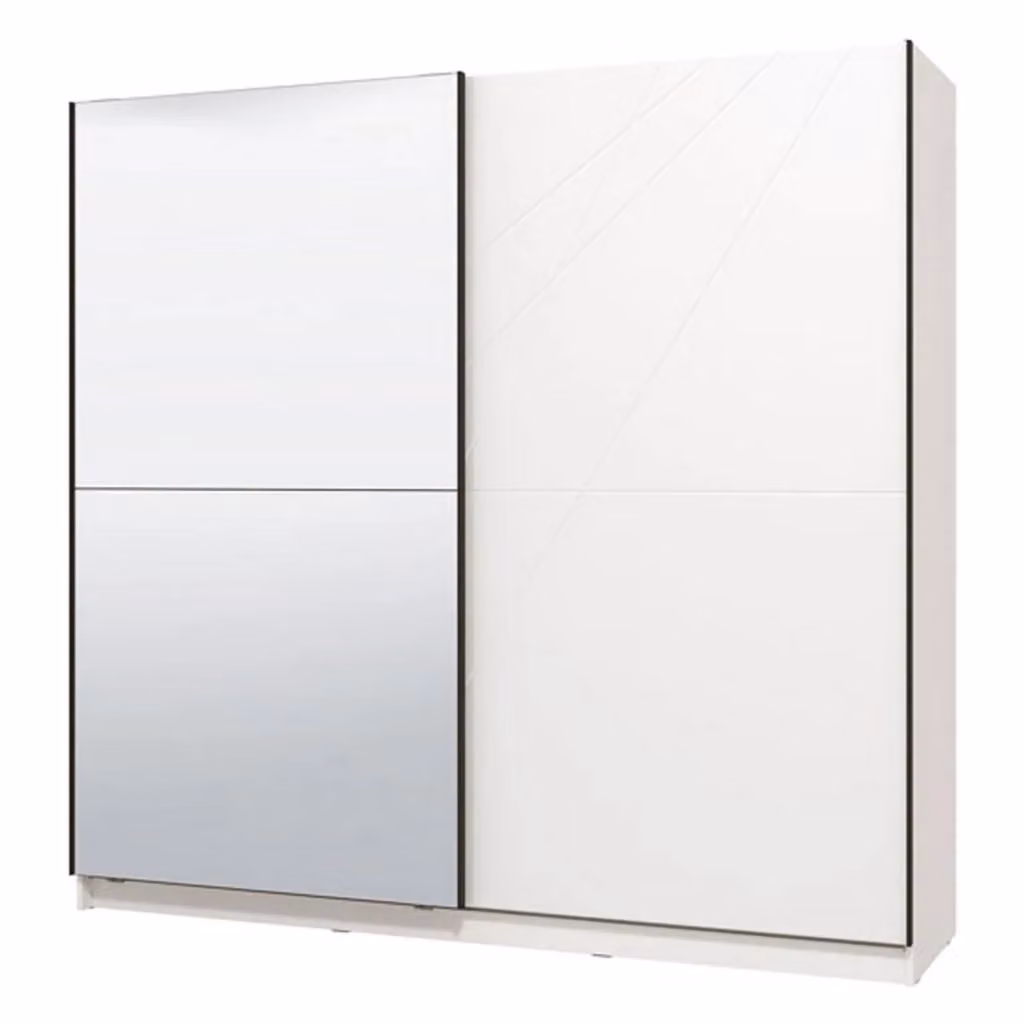 Armadio da camera da letto moderno DMORA con ante scorrevoli in vetro e legno, finitura bianco opaco, H 210 cm x L 217 cm – 2
