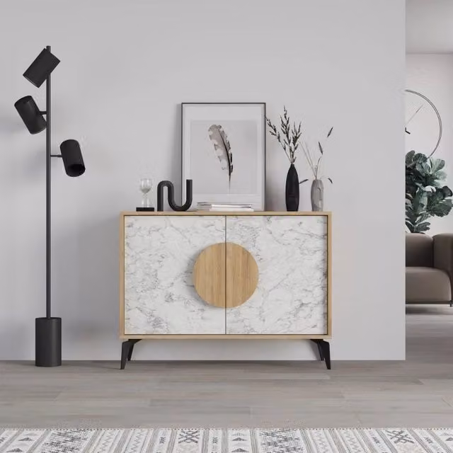 Madia 2 ante Gora110 110x35,6x82 colore bianco effetto marmo carrara e rovere