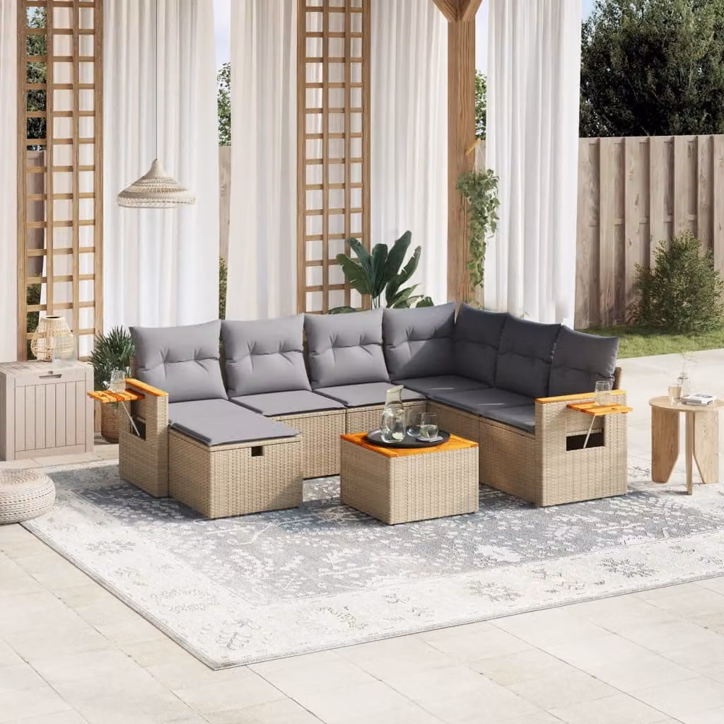 vidaXL Set Divano da Giardino 8 pz a Forma di L con Cuscini Beige e Grigio in Polyrattan e Acciaio – 1