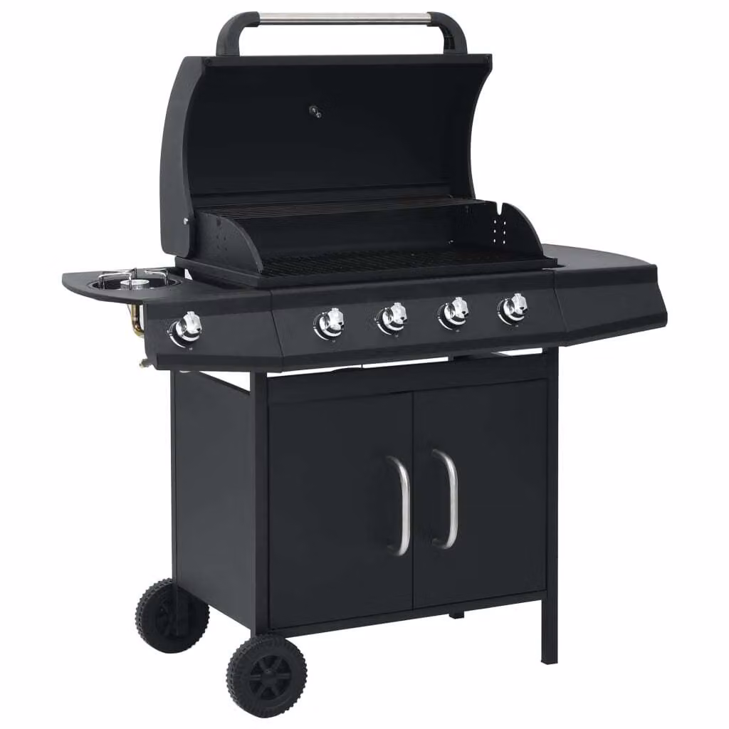 Barbecue a gas con 4 fuochi e piano di cottura in acciaio, colore nero