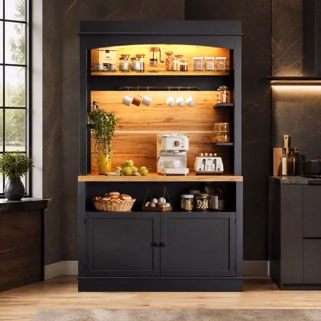 Mobile cucina alto 107x43x184 cm con LED, ripiani aperti e anta nera