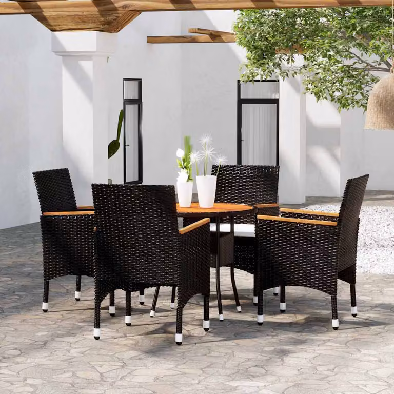 Set da pranzo per giardino e terrazzo vidaXL in 5 pezzi in polyrattan e legno di acacia nero e bianco