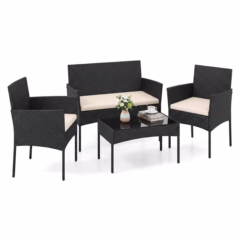 Set di mobili da giardino in polyrattan COSTWAY, set da giardino per esterni, set composto da 2 sedie, panca, tavolo e cuscini, mobili da terrazza, mobili da balcone beige