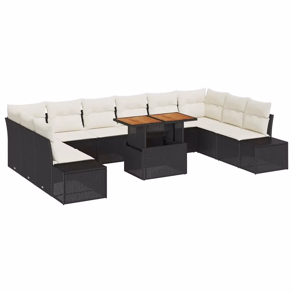 Set Divano da Giardino a Forma di U vidaXL in Polyrattan con Cuscini e Tavolino, 11 Pezzi, Nero e Beige – 2