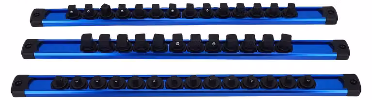 Organizer magnetico a binario in lega di alluminio composto da 3 elementi per 40 prese da 1/4", 3/8" e 1/2", con supporti a clip ruotabili a 360°