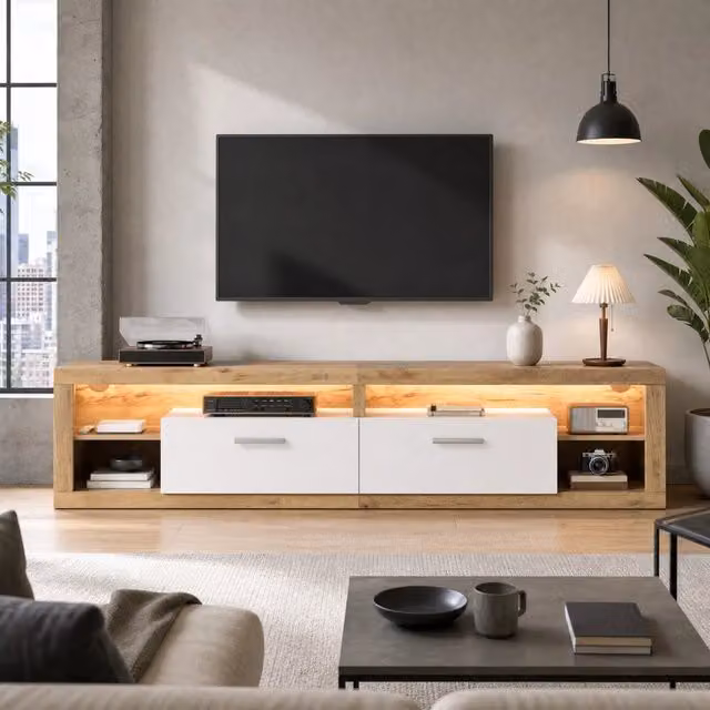 Mobile TV 180 cm con LED controllato da app; 2 cassetti e 4 vani aperti; effetto legno naturale e bianco
