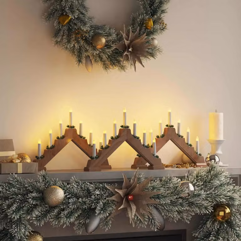 vidaXL Decorazione Natalizia Ponte con 3 Candele a LED Bianco Caldo e Legno Marrone