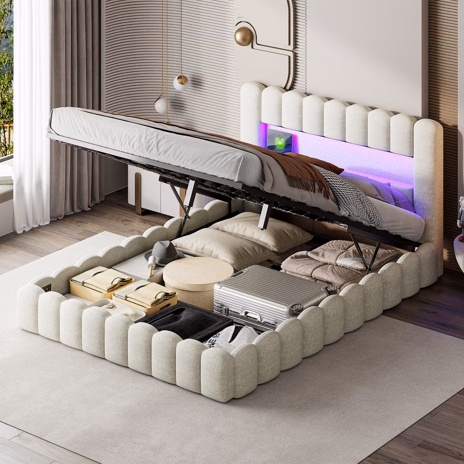 Letto imbottito 160x200 cm, letto matrimoniale con vano contenitore e rete a doghe, testata a LED con vano contenitore e funzione di ricarica USB, letto contenitore idraulico Struttura letto funzionale con schienale, beige