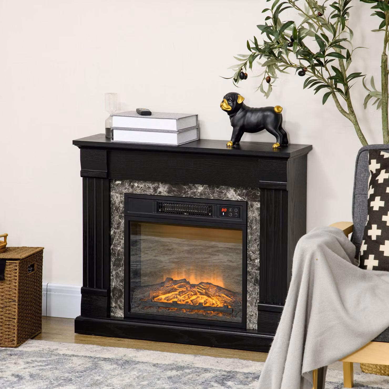 Camino Elettrico da Incasso a Terra HOMCOM Nero L: 80 cm, P: 21.6 cm, H: 67.8 cm con Timer e Fiamma e Temperatura Regolabile – 2