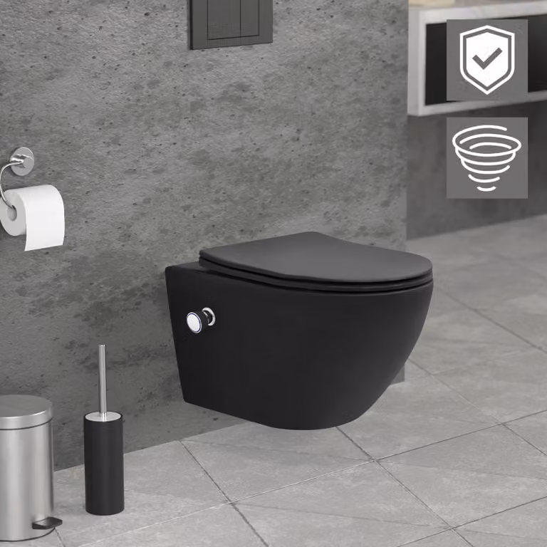 LuxeBath WC sospeso senza bordo con funzione bidet, nero, lungo, risciacquo tornado, con nano rivestimento