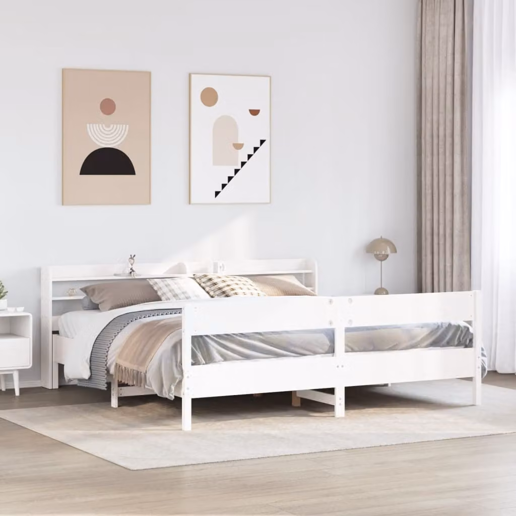 Letto matrimoniale vidaXL in legno massello di pino bianco con scomparti laterali L/P/H: 218 x 180 x 190 cm