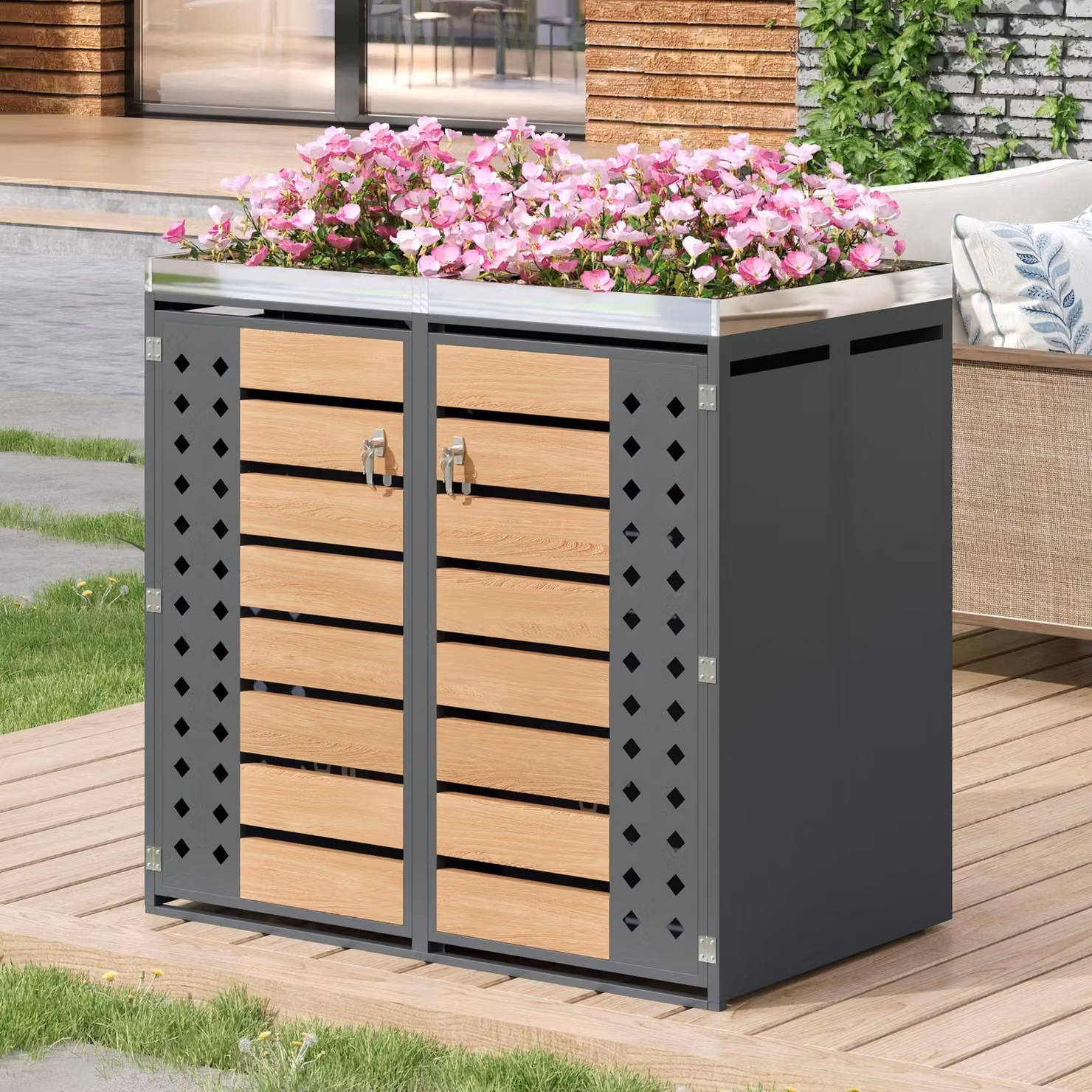 Box per bidoni della spazzatura Merax con fioriera e ante traforate a forma di rombo, rivestimento per bidoni della spazzatura con venature del legno, chiudibile a chiave, doppie ante per giardino