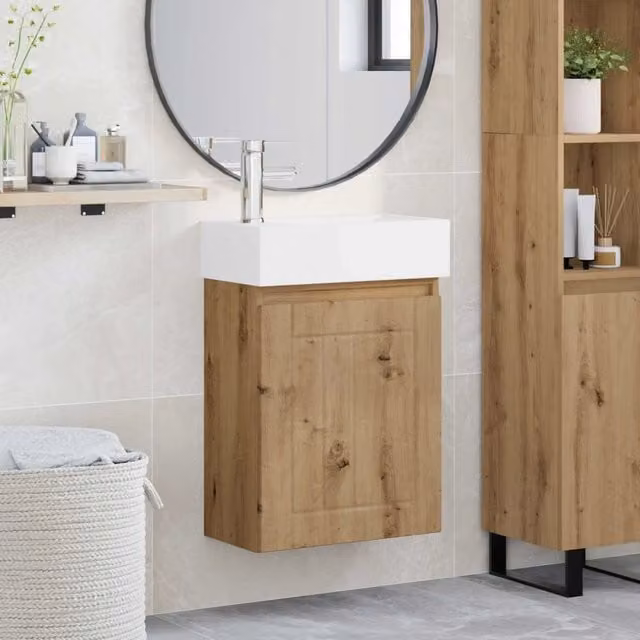 Mobile bagno moderno vidaXL in rovere con lavabo in ceramica bianca e dettagli argento, sospeso – 1