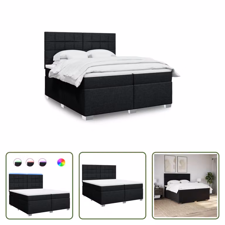 The Living Store Letto a molle con materasso nero 200x200 cm in tessuto