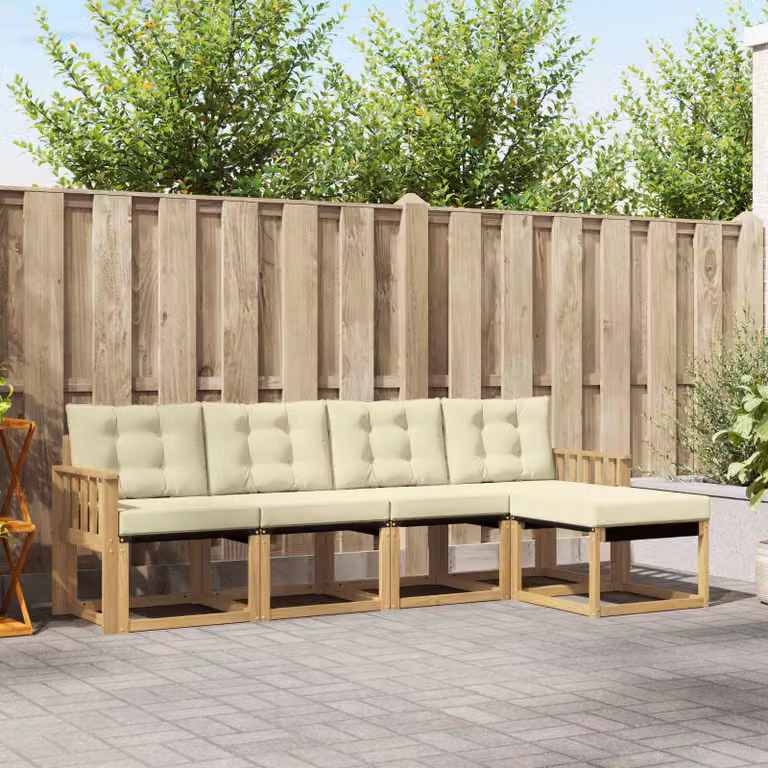 Set di divani da esterno vidaXL a forma di L in legno di acacia con pouf e cuscini, Bianco e Beige
