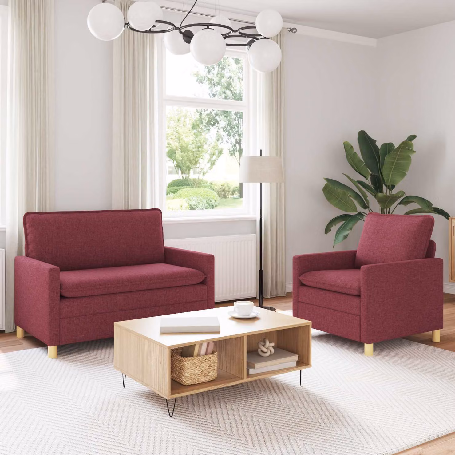 Set di 2 divani moderni vidaXL in tessuto rosso con struttura in metallo e coperture rimovibili