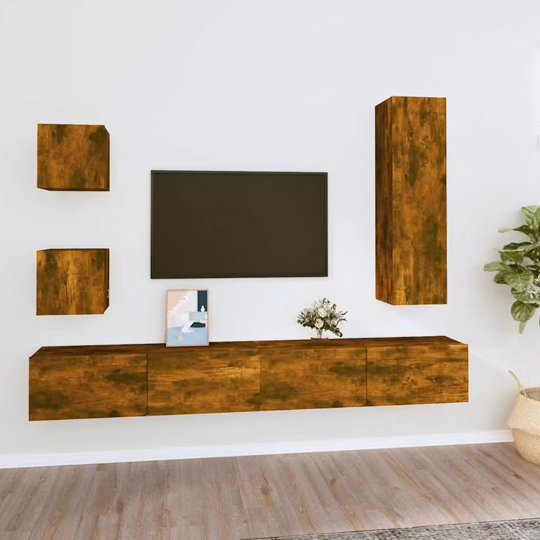 Set di mobili porta TV 5 pezzi vidaXL in legno Rovere Fumo per soggiorno moderno, sospeso a parete