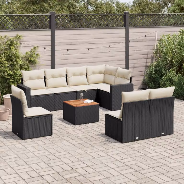 vidaXL Set Divani da Giardino a L 9 pz in Polyrattan Nero con Cuscini e Tavolino da Esterno