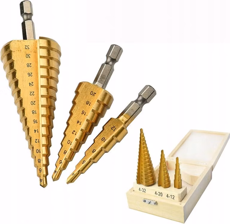 ELMAX | Trapano a gradini, per metallo, legno, plastica, 4-39 mm, 3 pezzi, set di trapani a gradini, trapano per metallo rivestito in titanio, set di punte per trapano