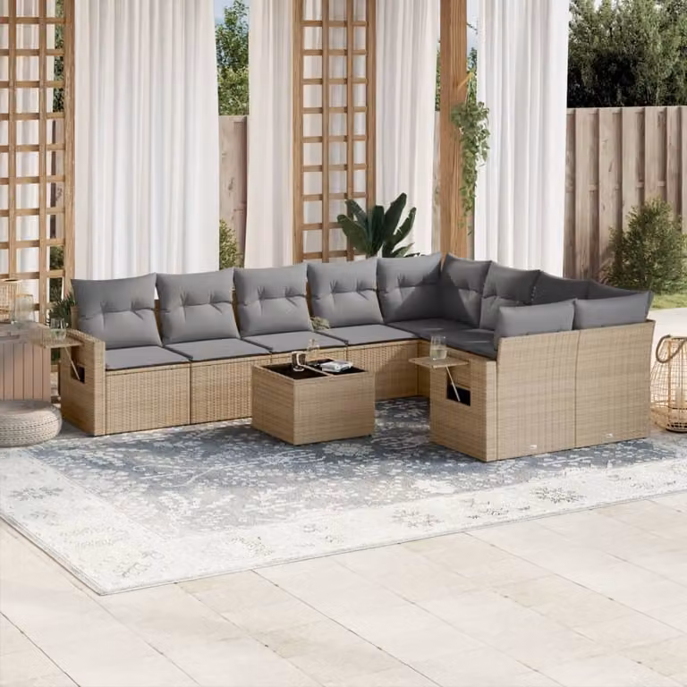 Set Divano da Giardino vidaXL 10 pz in Polyrattan con Cuscini Beige e Tavolino da Esterno