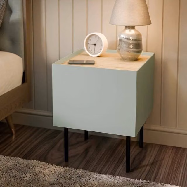 Set di 2 comodini Preci DMORA con cassetto e vano interno, finitura effetto liscio, L 40 cm x P 41 cm x H 60 cm, Verde e Rovere – 1