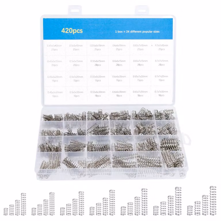 Set di molle a compressione, 420 pezzi, acciaio inossidabile 304, dimensioni da 10 a 30 mm, diametro esterno da 5 a 7 mm