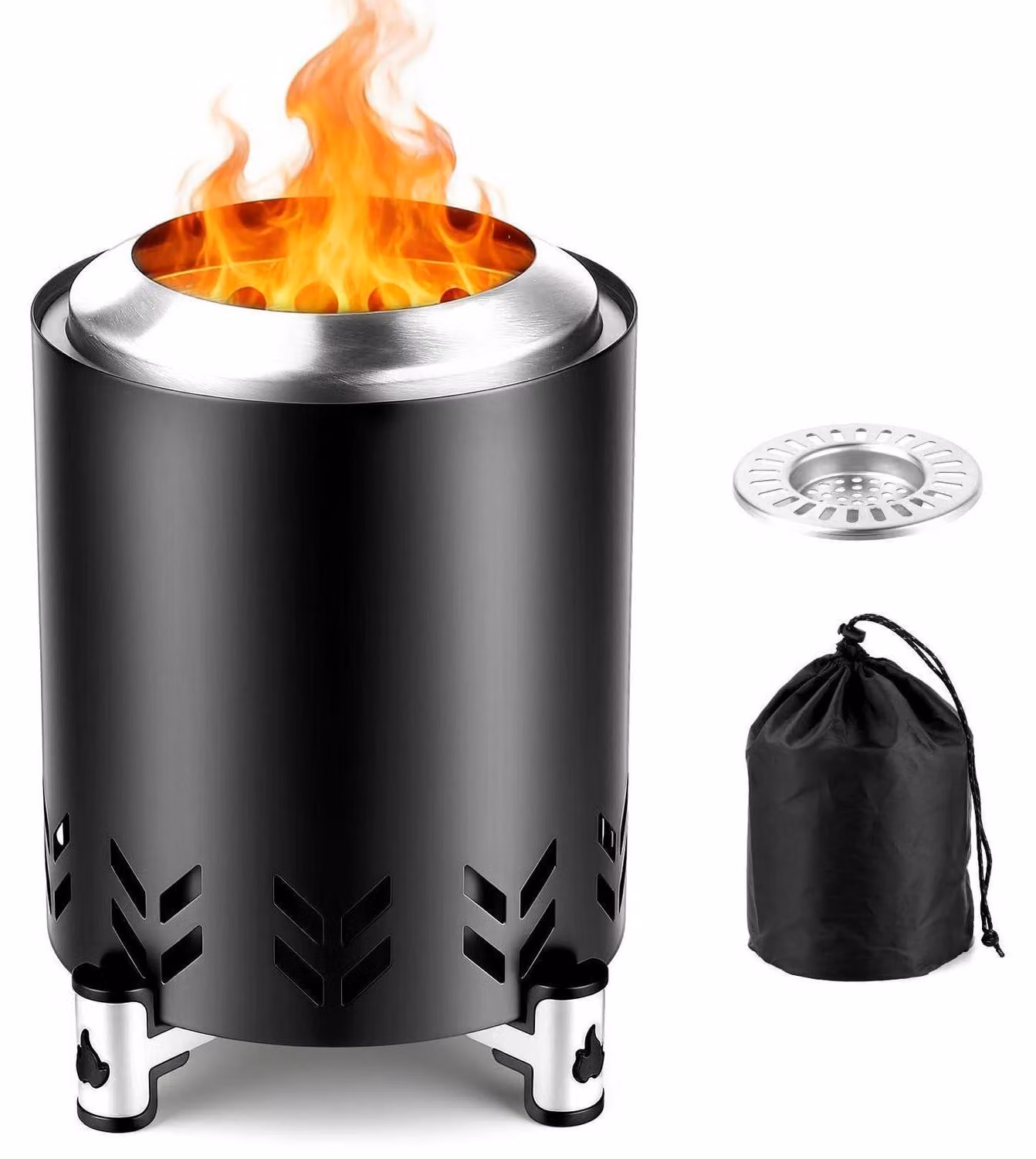 Bacinella portatile per il fuoco, in acciaio inossidabile, diametro 14 cm, altezza 20 cm, colore nero, senza fumo, con supporto e borsa per il trasporto