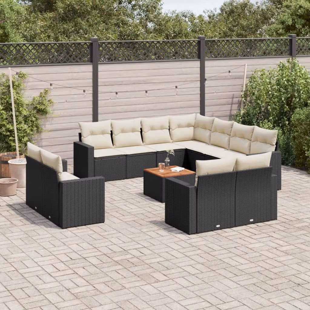 vidaXL Set Divani da Giardino a L 12 pz in Polyrattan Nero con Cuscini e Tavolino da Esterno – 1