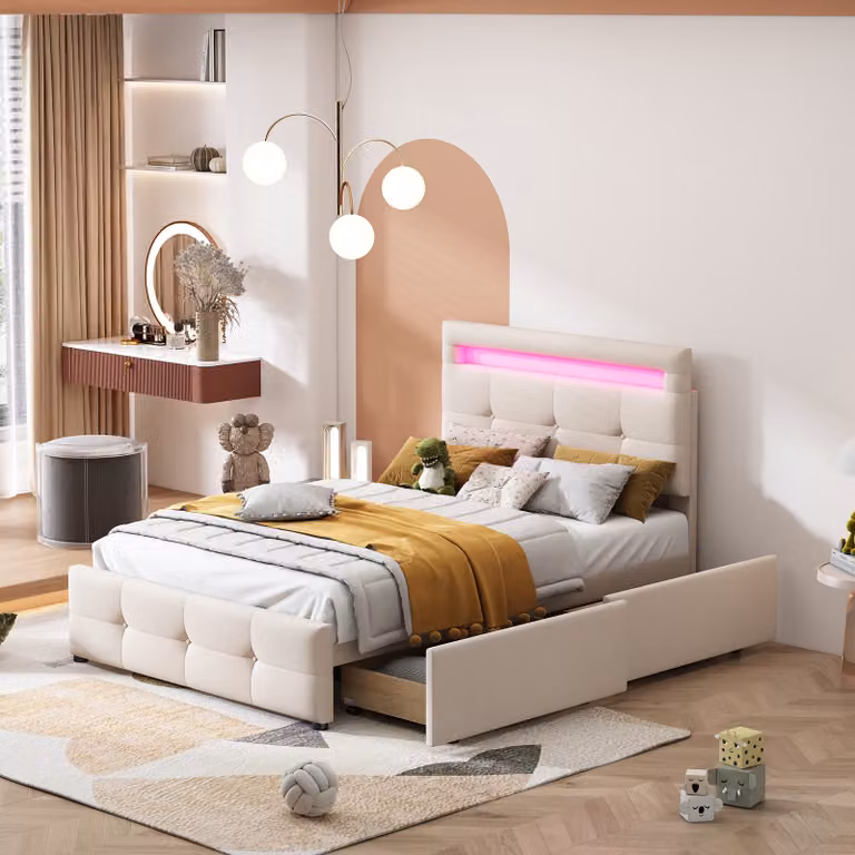 MODFU Letto imbottito 90 x 200 cm, letto singolo, letto per bambini con illuminazione a LED, 2 cassetti (con materasso), beige