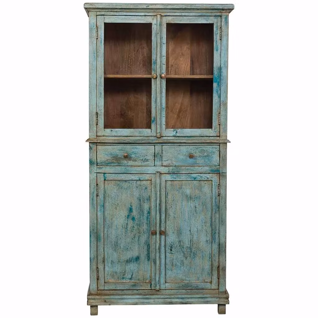 Vetrina in legno e vetro WANDERLUST DECO turchese con ante in vetro e ripiani interni, stile rustico, L: 85 cm, P: 40 cm, H: 180 cm – 2
