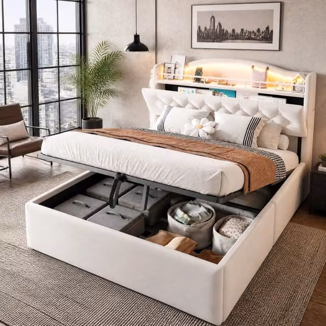Letto contenitore matrimoniale 140×200 cm con LED, USB e USB-C, vani in testiera, senza materasso, beige