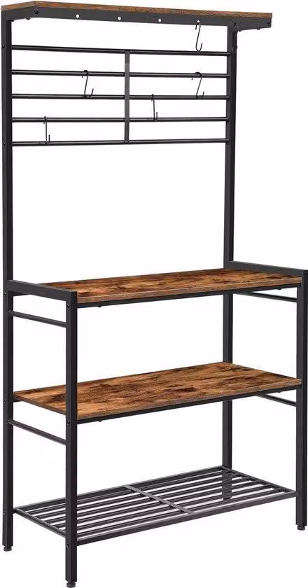 Scaffale per accessori da cucina con ampia superficie espositiva, supporti per microonde, armadietto in legno con 2 ripiani in legno e riscaldamento a gas, scaffale da cucina con 6 ganci, piedini regolabili, robusto, color marrone.